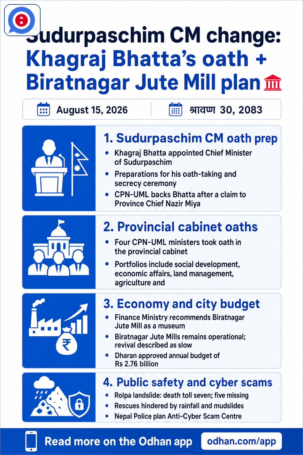 Sudurpaschim CM change: Khagraj Bhatta’s oath + Biratnagar Jute Mill plan 🏛️